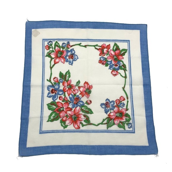 Pink Blue Floral Stripe Handkerchief Cottage Core Granny Vtg Boho Pocket Square - Picture 1 of 3